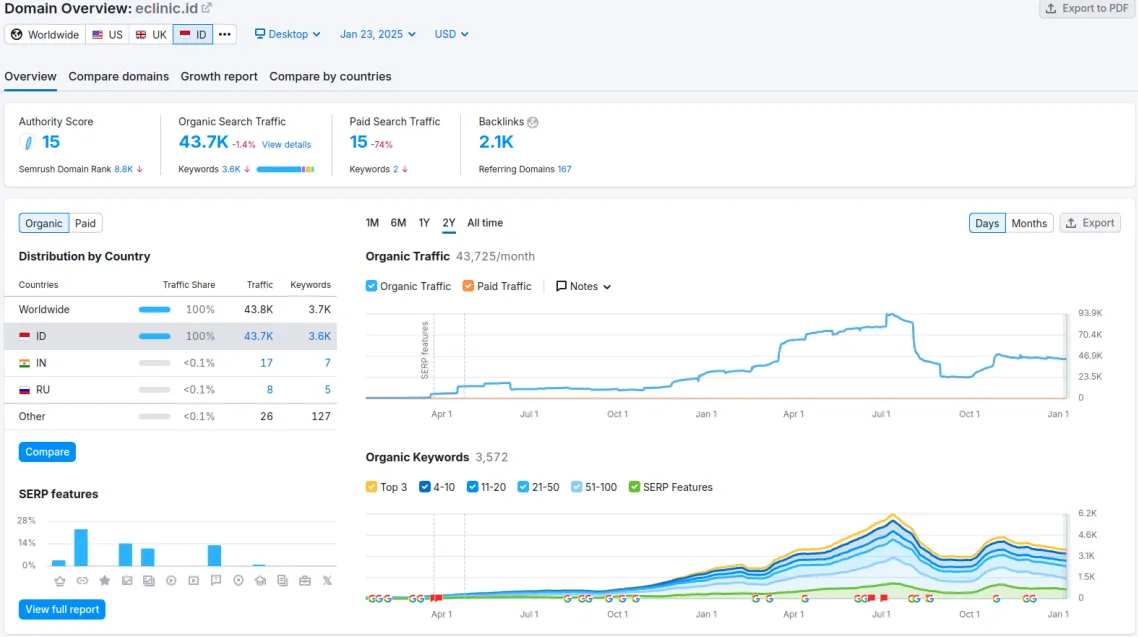 Grafik Overview SEO eclinic.id dari SEMRush